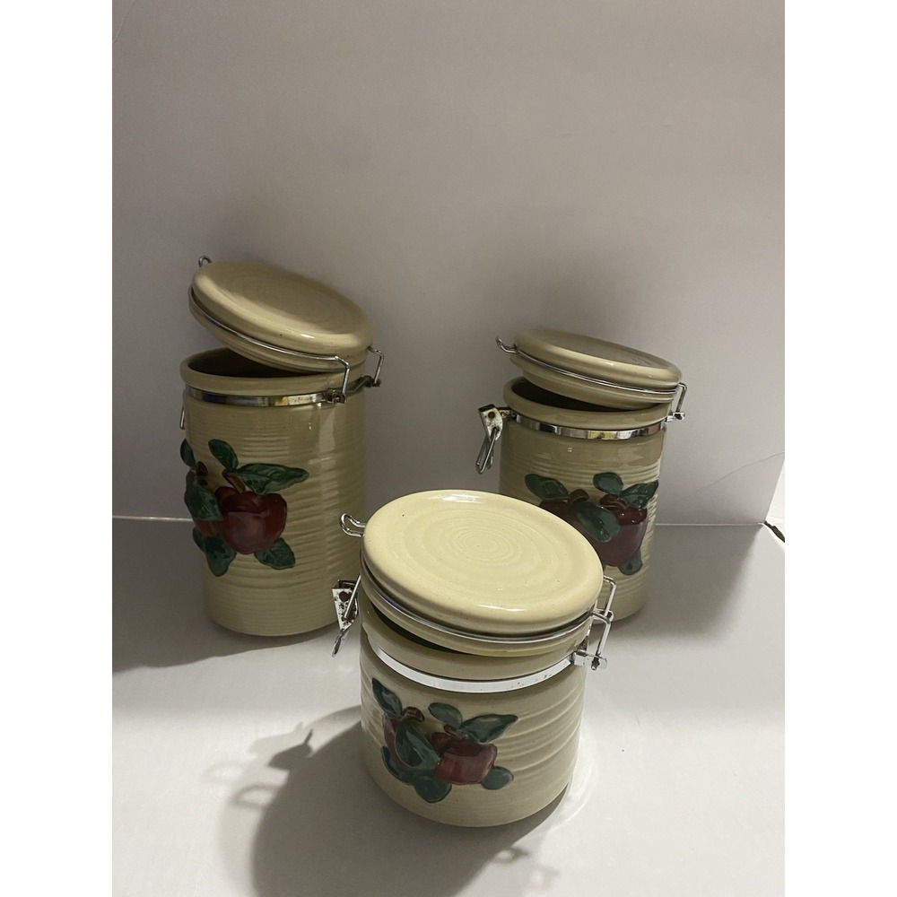 Set Of 3 Apple Kitchen Ceramic Country canisters Beige Red Apples Green Leaves